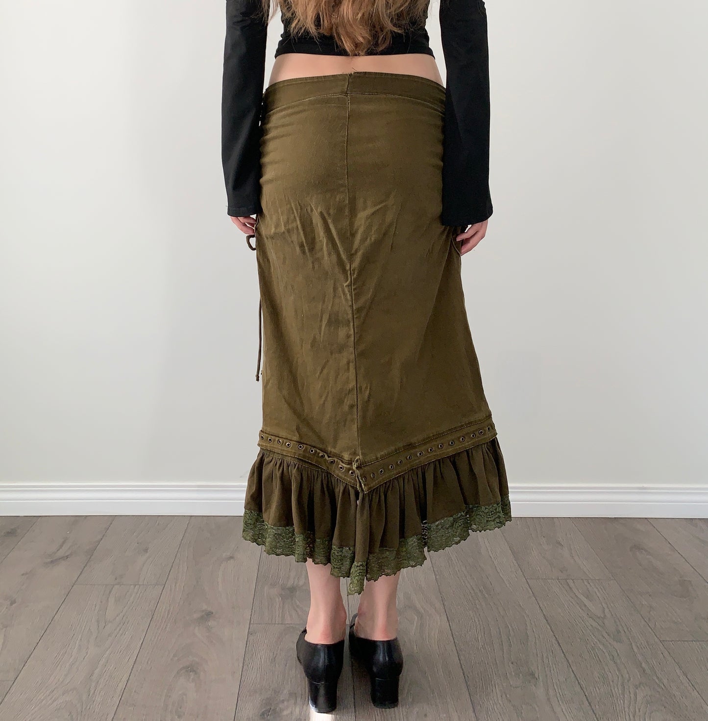 Vintage boho tie ruffle denim midi skirt