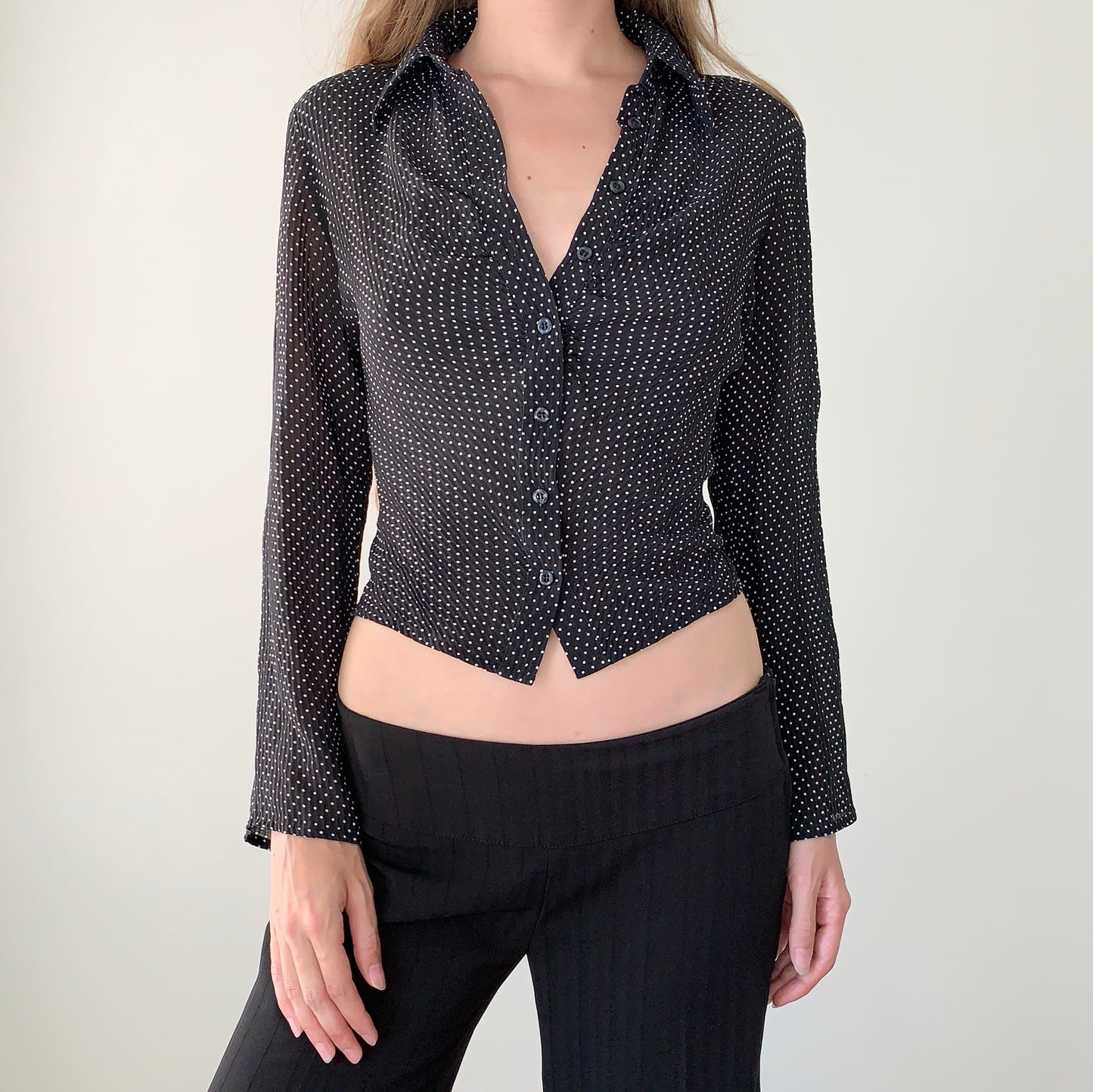 INC 100% silk semi sheer polka dot blouse