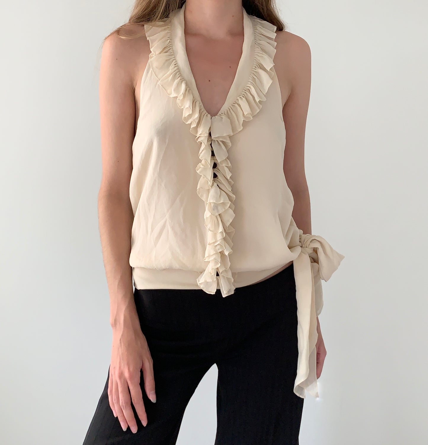BCBG 100% silk boho ruffle halter top
