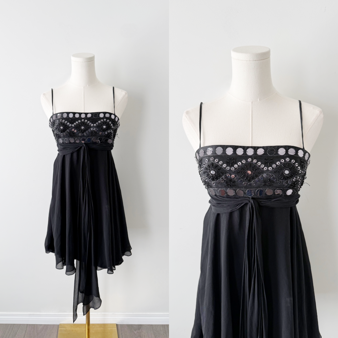 BCBG black 100% silk sequin babydoll mini dress.