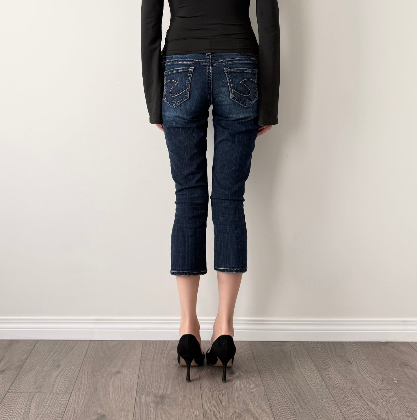 Silver dark wash denim capris