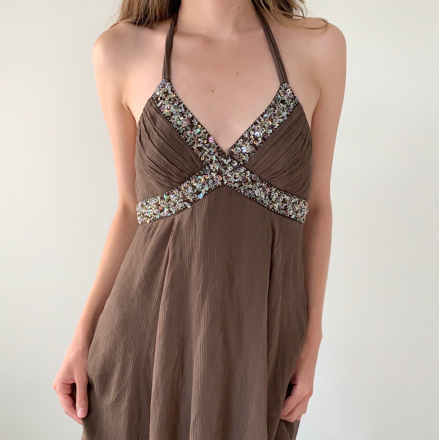 BCBG 100% silk beaded halter dress