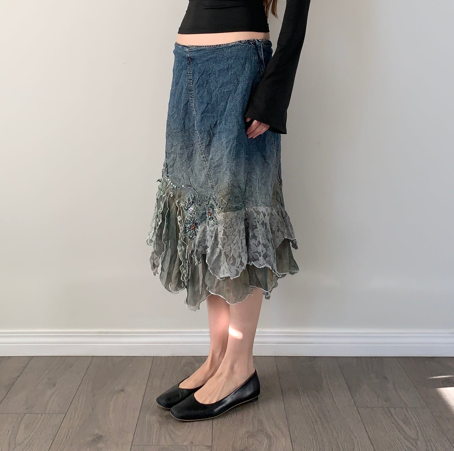 Vintage denim lace asymmetrical fairy skirt