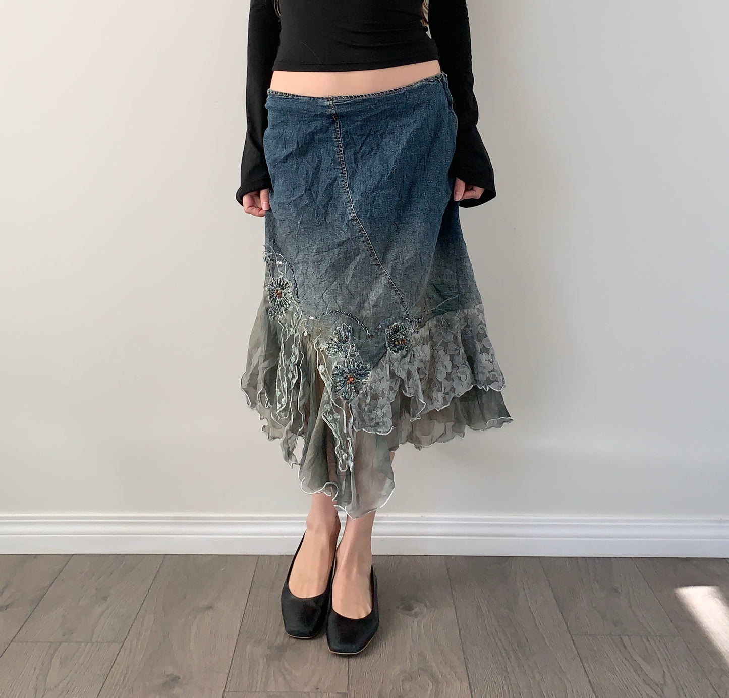 Vintage denim lace asymmetrical fairy skirt