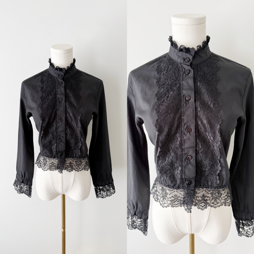 70s black Victorian style lace trim blouse