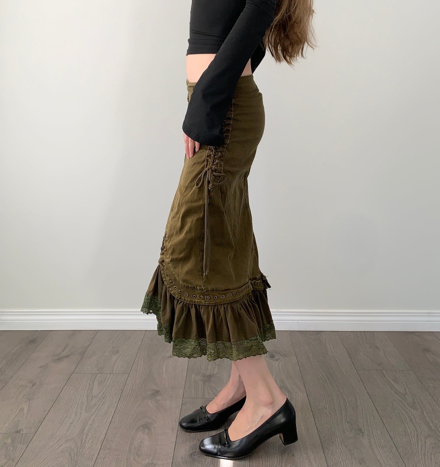Vintage boho tie ruffle denim midi skirt