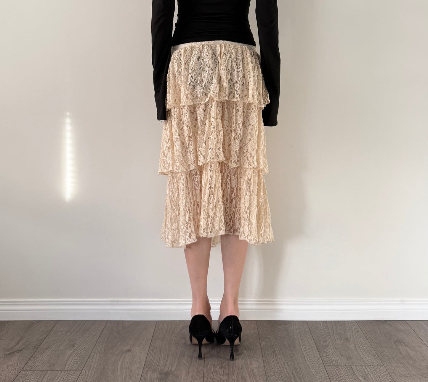 80s semi sheer lace tiered midi skirt