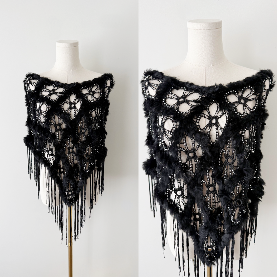 Vintage rabbit fur floral rhinestone poncho
