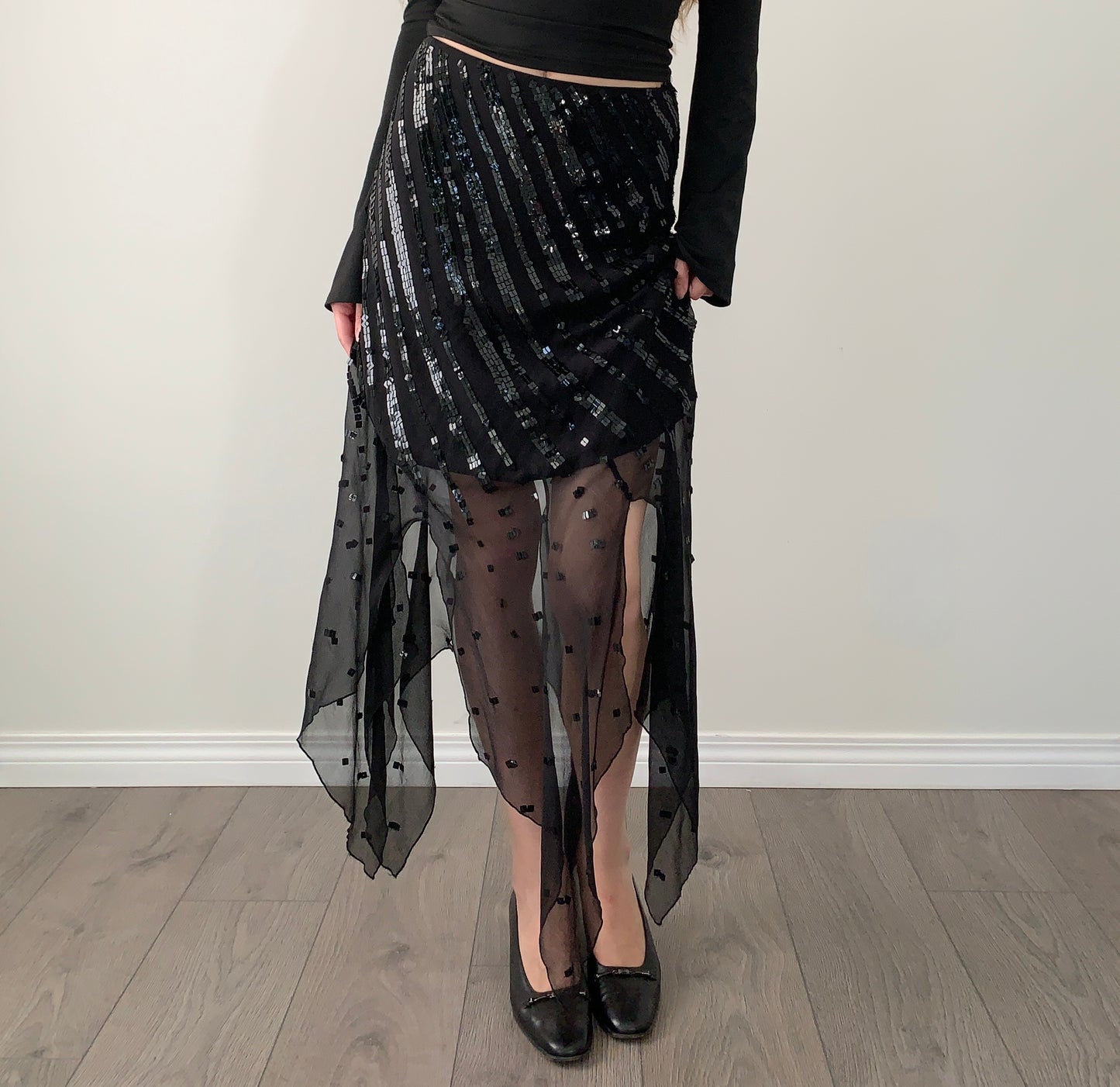 Debbie shuchat 100% silk sequin asymmetrical maxi skirt