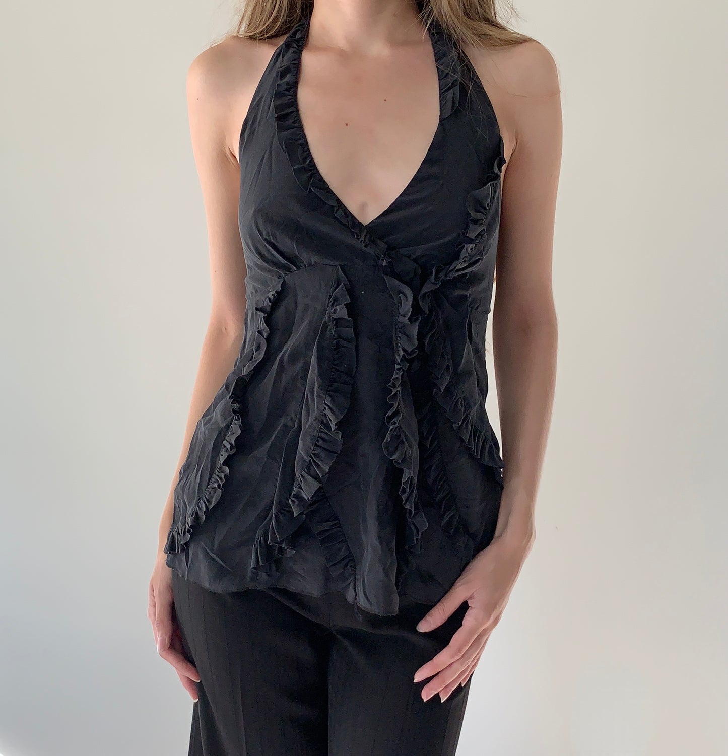 BCBG 100% silk ruffle halter top