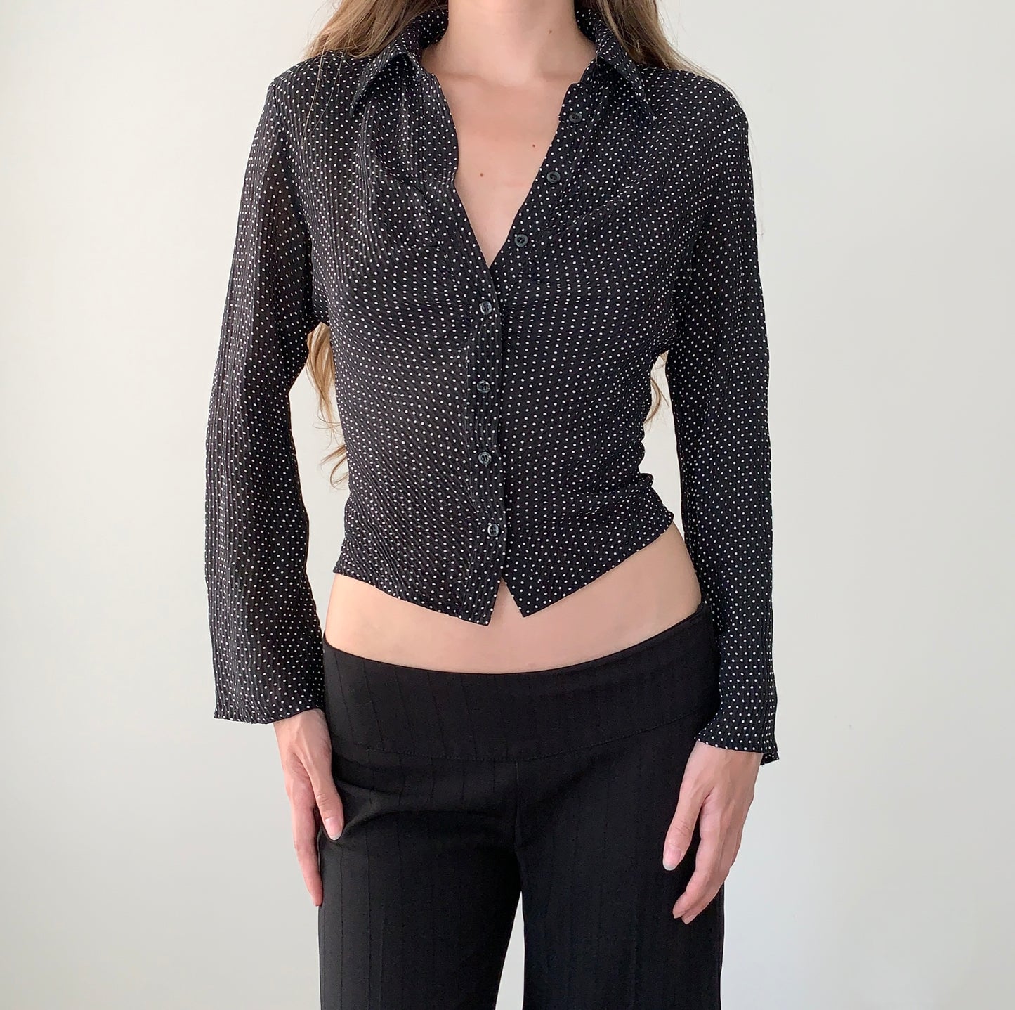 INC 100% silk semi sheer polka dot blouse