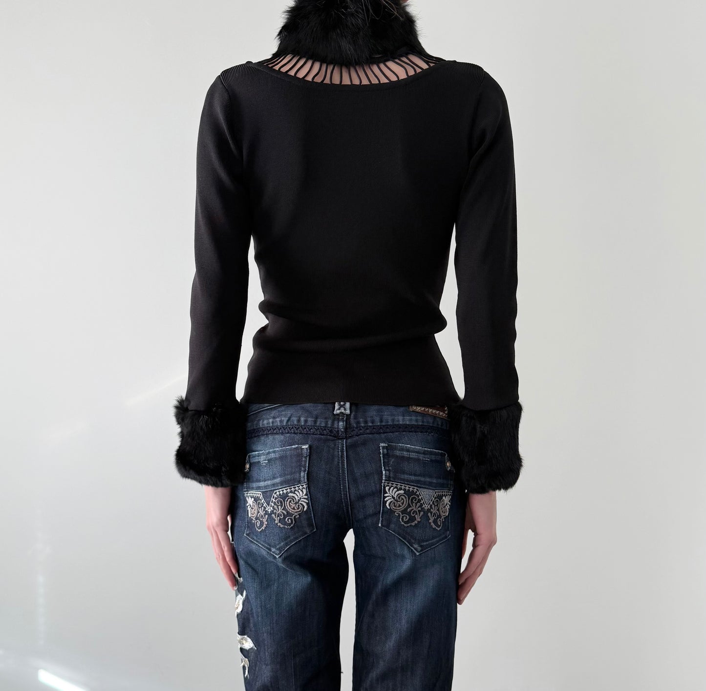 Fox fur trim ribbed cardigan