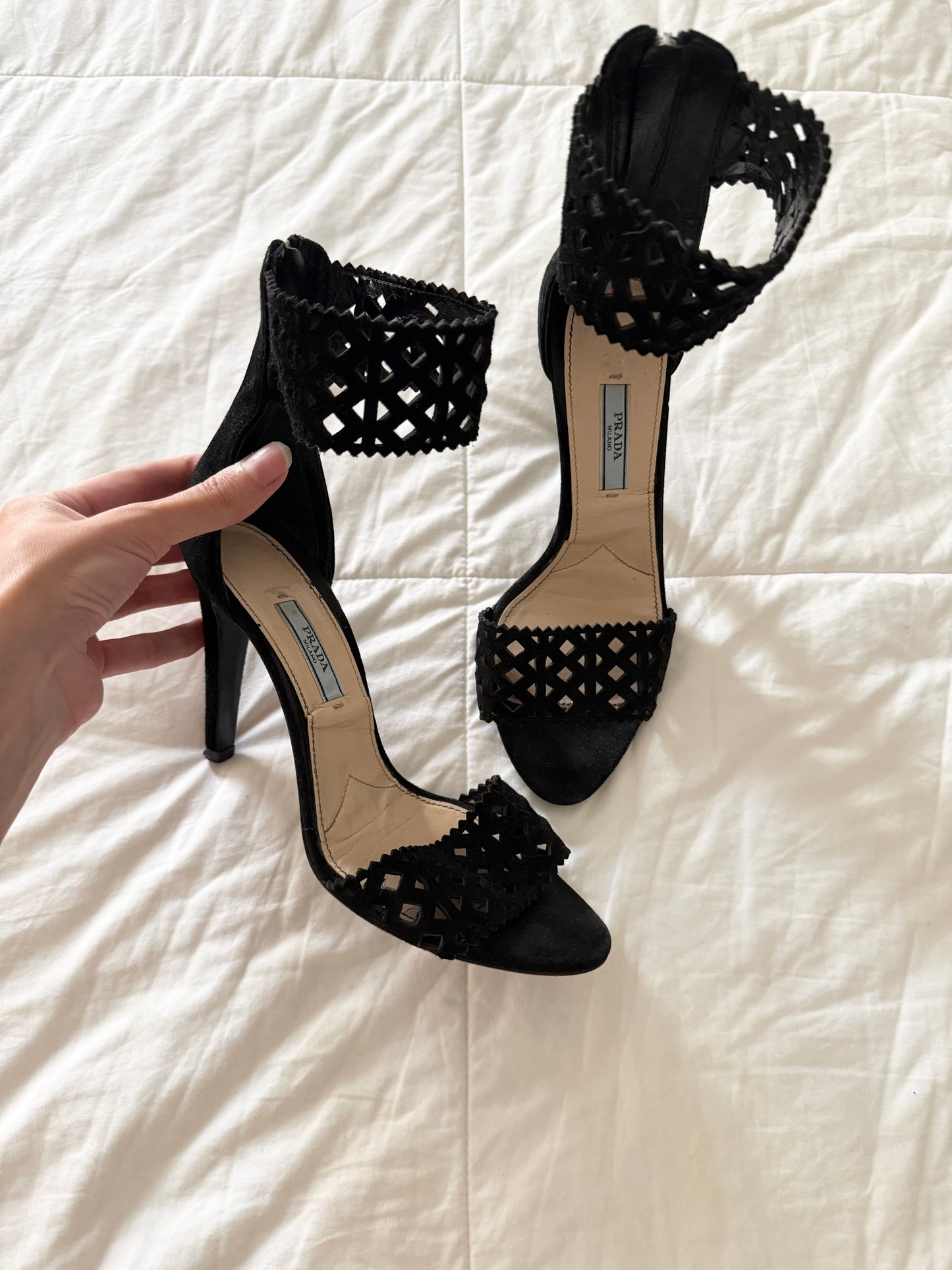 Vintage Prada Black Suede Laser Cut Open Toe Heels