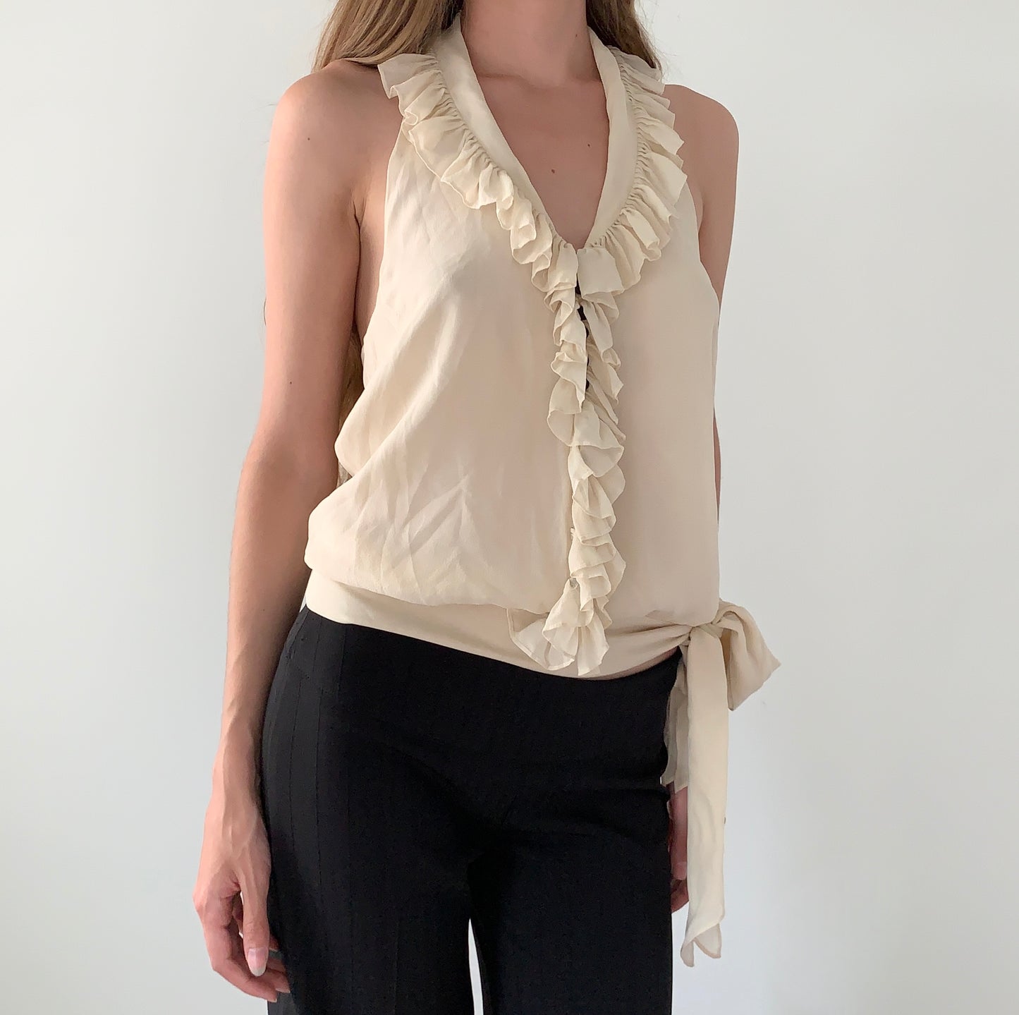 BCBG 100% silk boho ruffle halter top