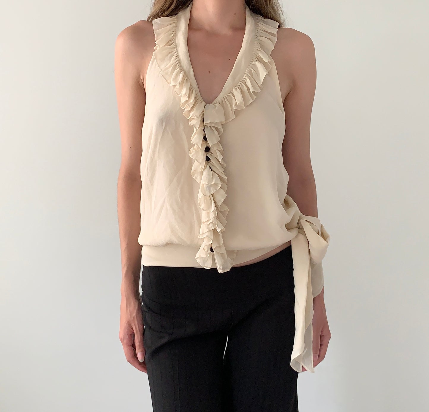 BCBG 100% silk boho ruffle halter top