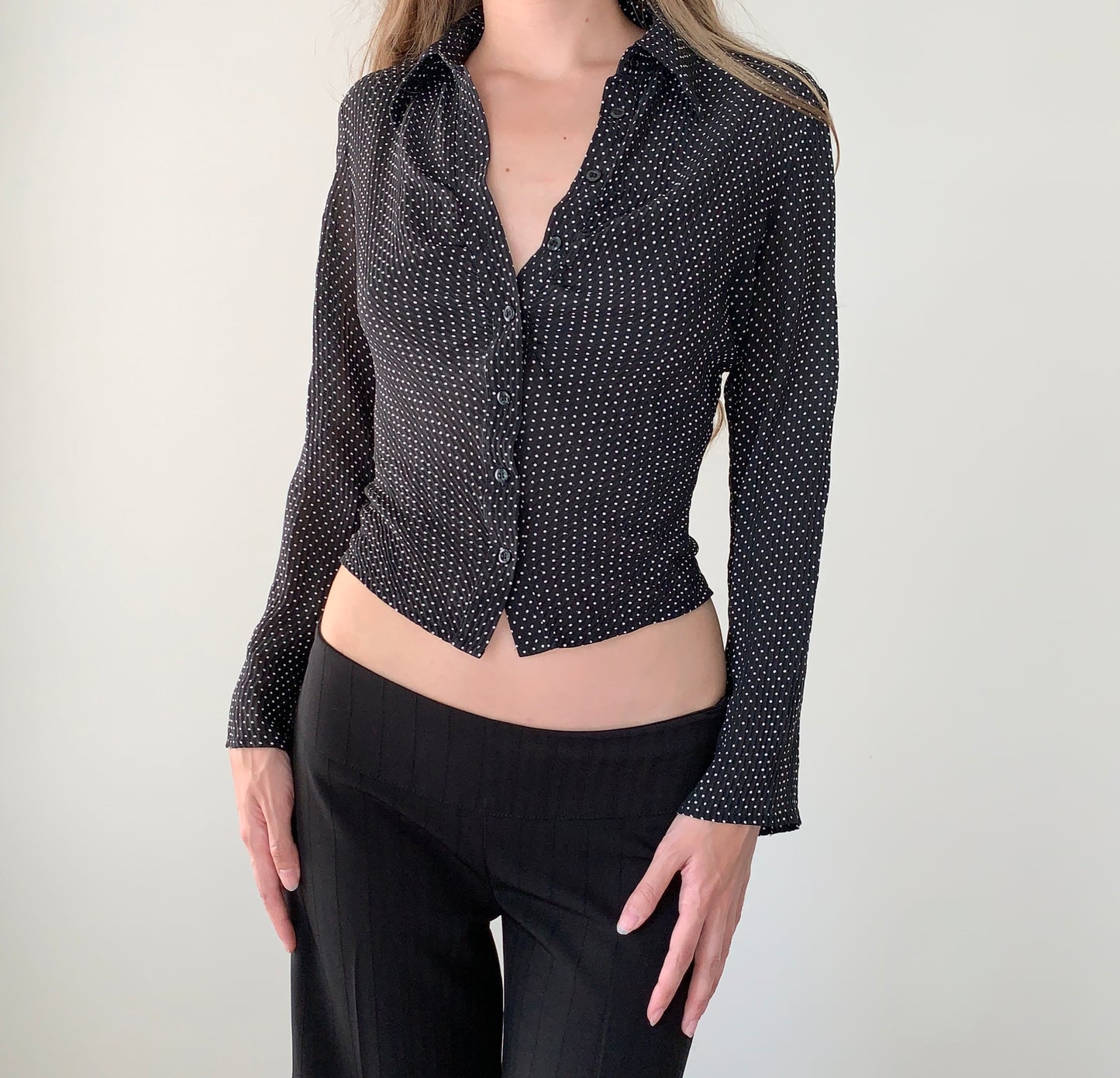 INC 100% silk semi sheer polka dot blouse