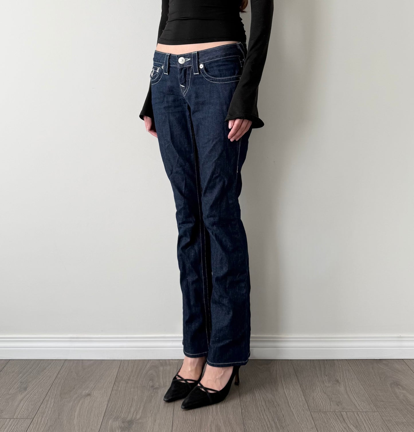 True religion dark wash mid rise bootcut jeans.