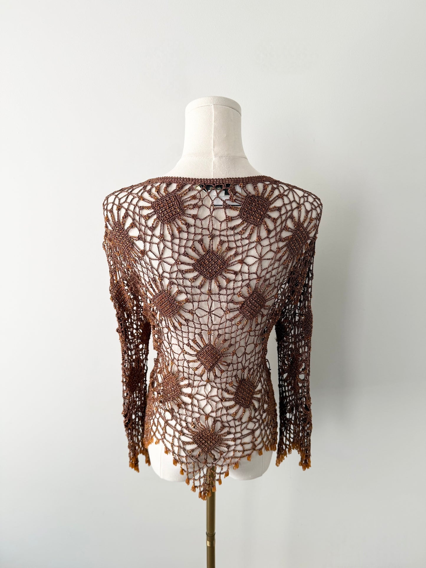 Vintage caramel crochet beaded asymmetrical cardigan