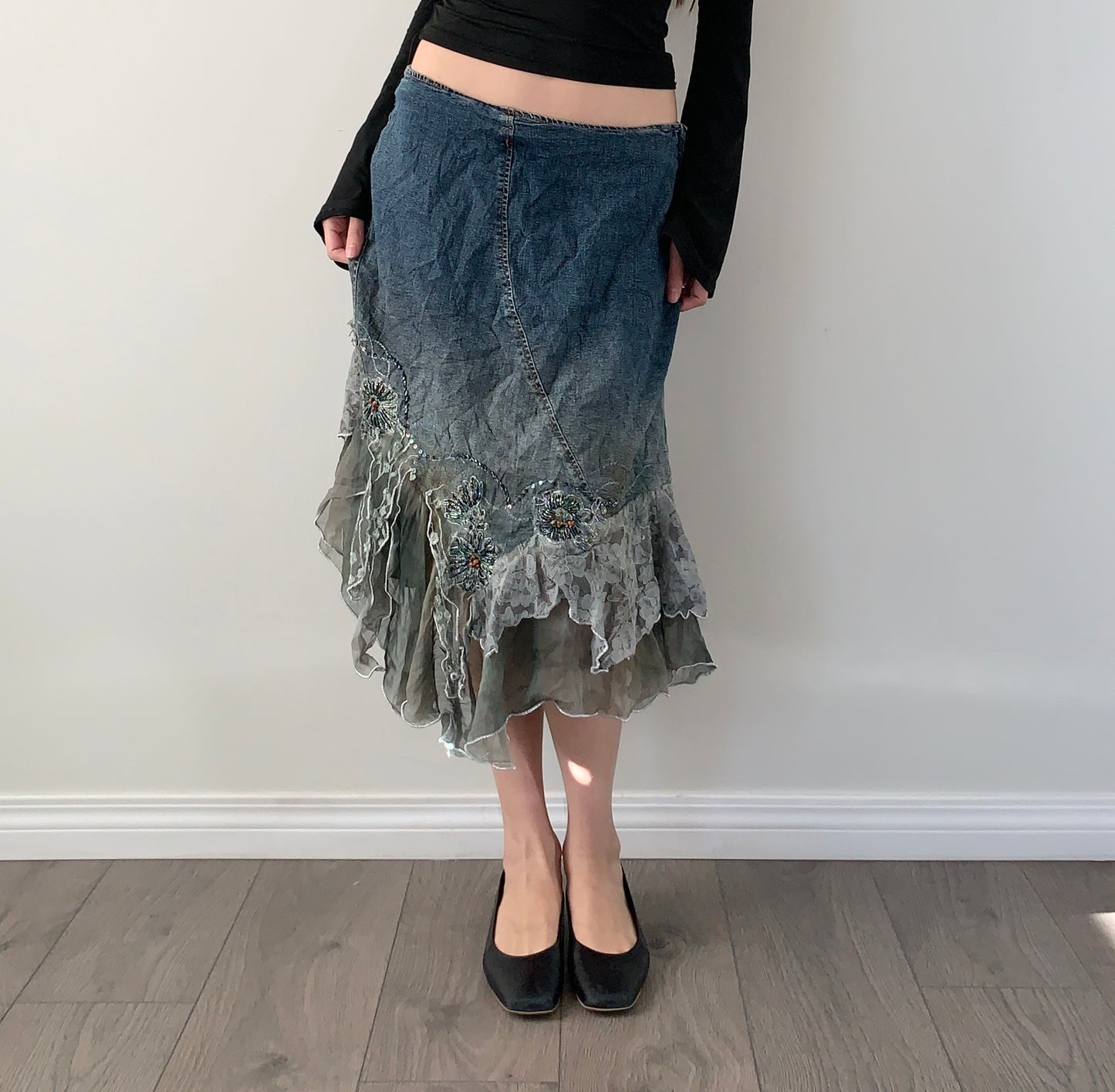 Vintage denim lace asymmetrical fairy skirt