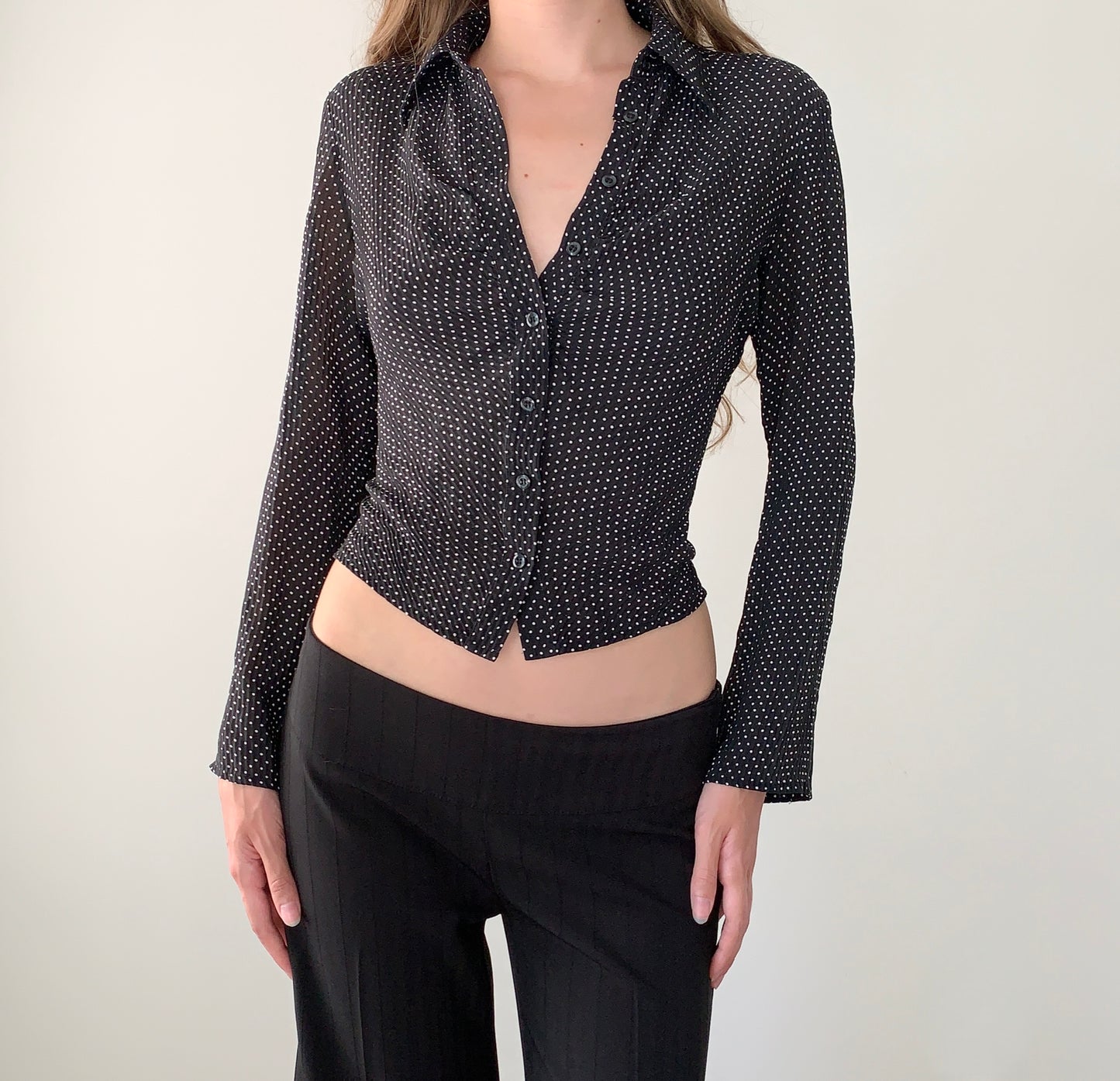 INC 100% silk semi sheer polka dot blouse