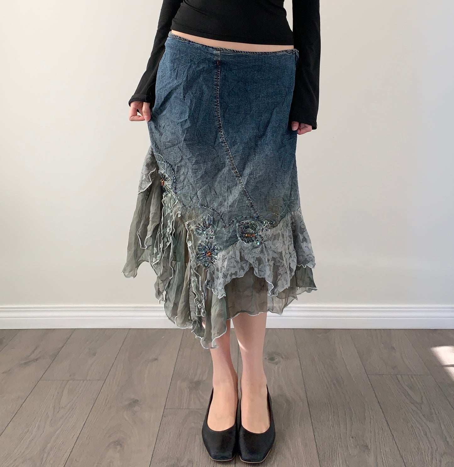 Vintage denim lace asymmetrical fairy skirt