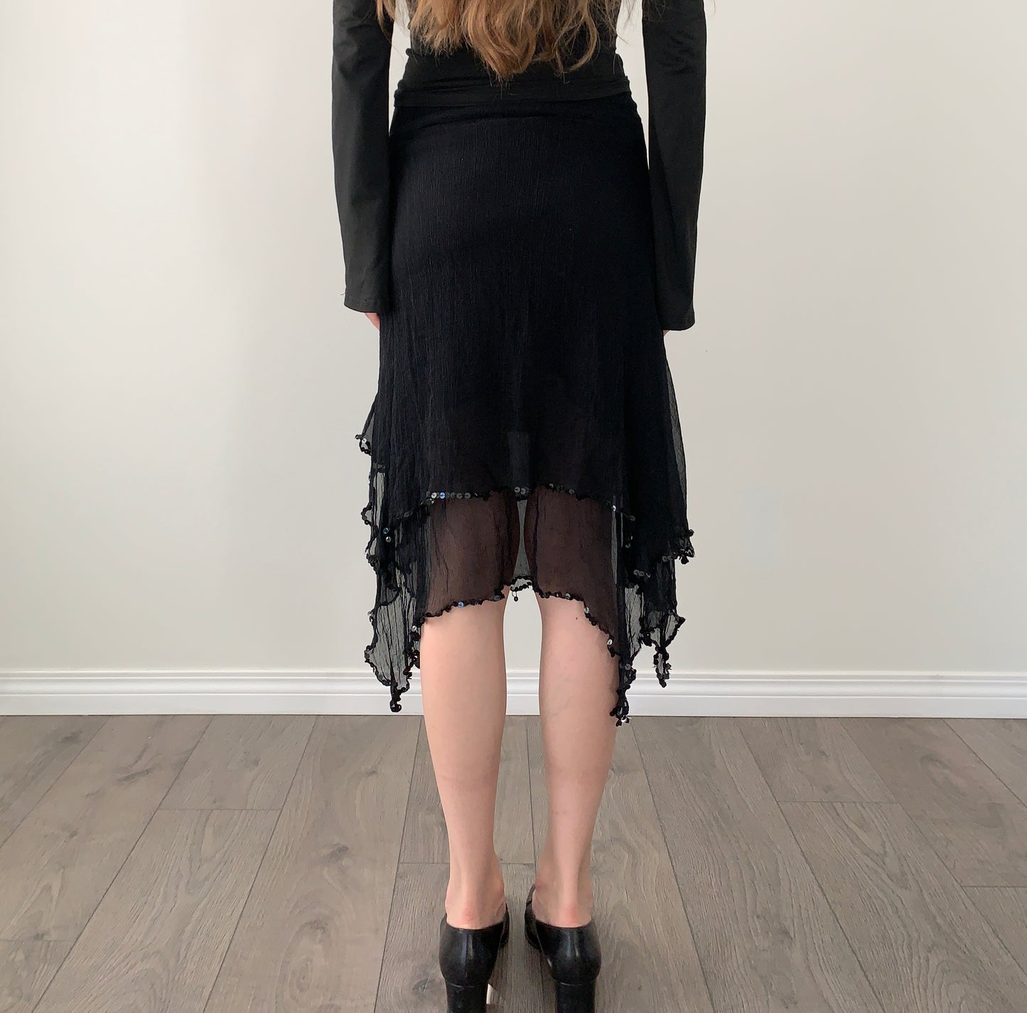 Bebe 100% silk asymmetrical sequin skirt