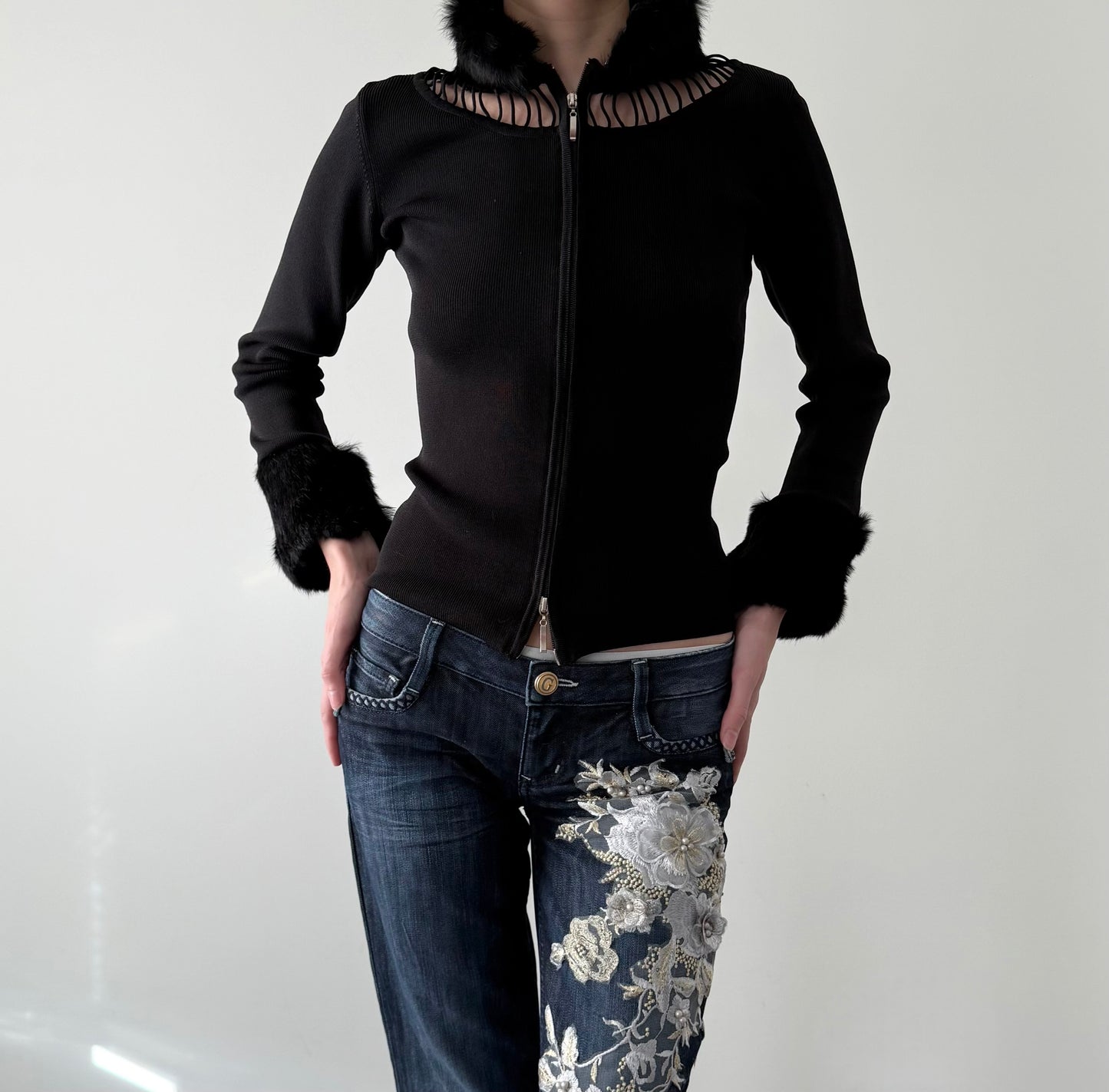 Fox fur trim ribbed cardigan