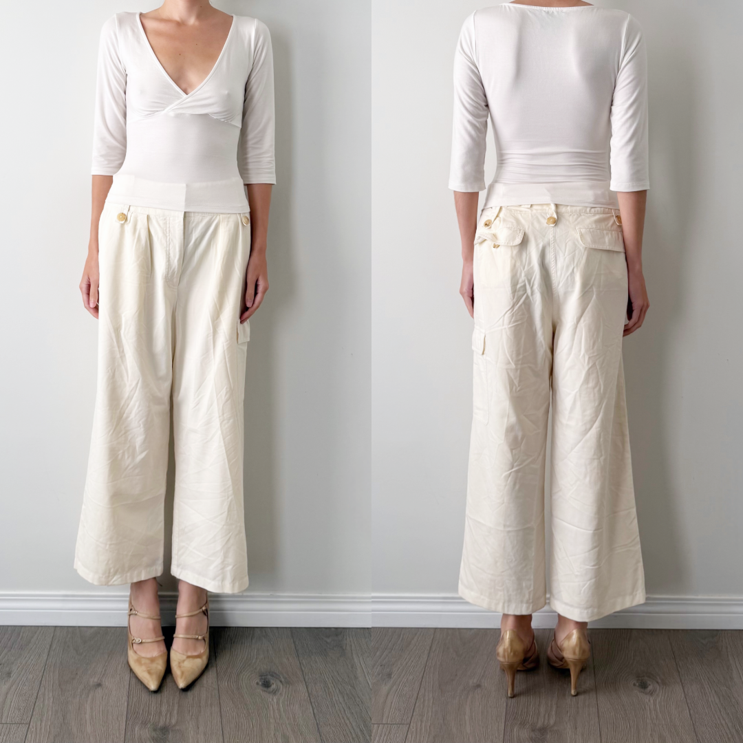 The Row Cream Wool Silk High Rise Cropped Trousers