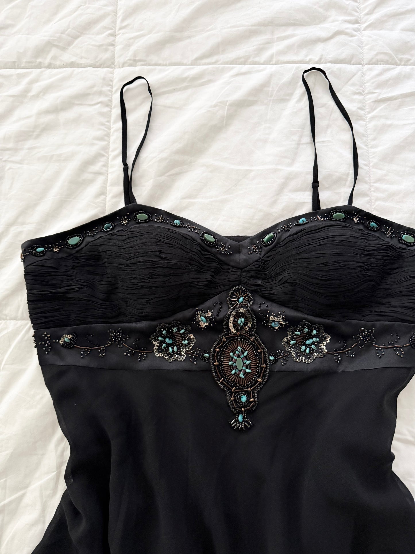 Simon Chang 100% silk beaded asymmetrical top.