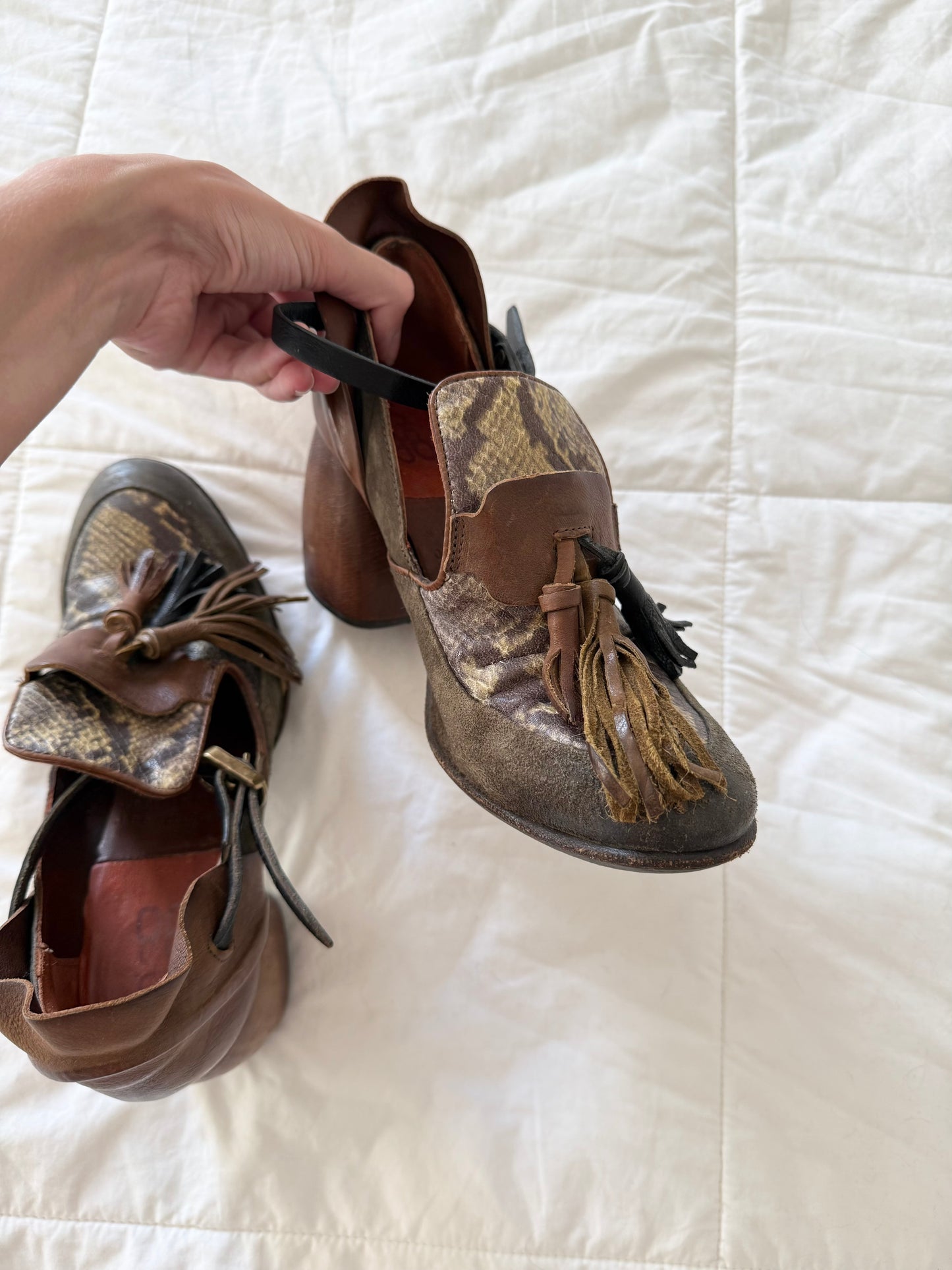 A.S.98 Italian Distressed Leather Tassel Loafer Heels