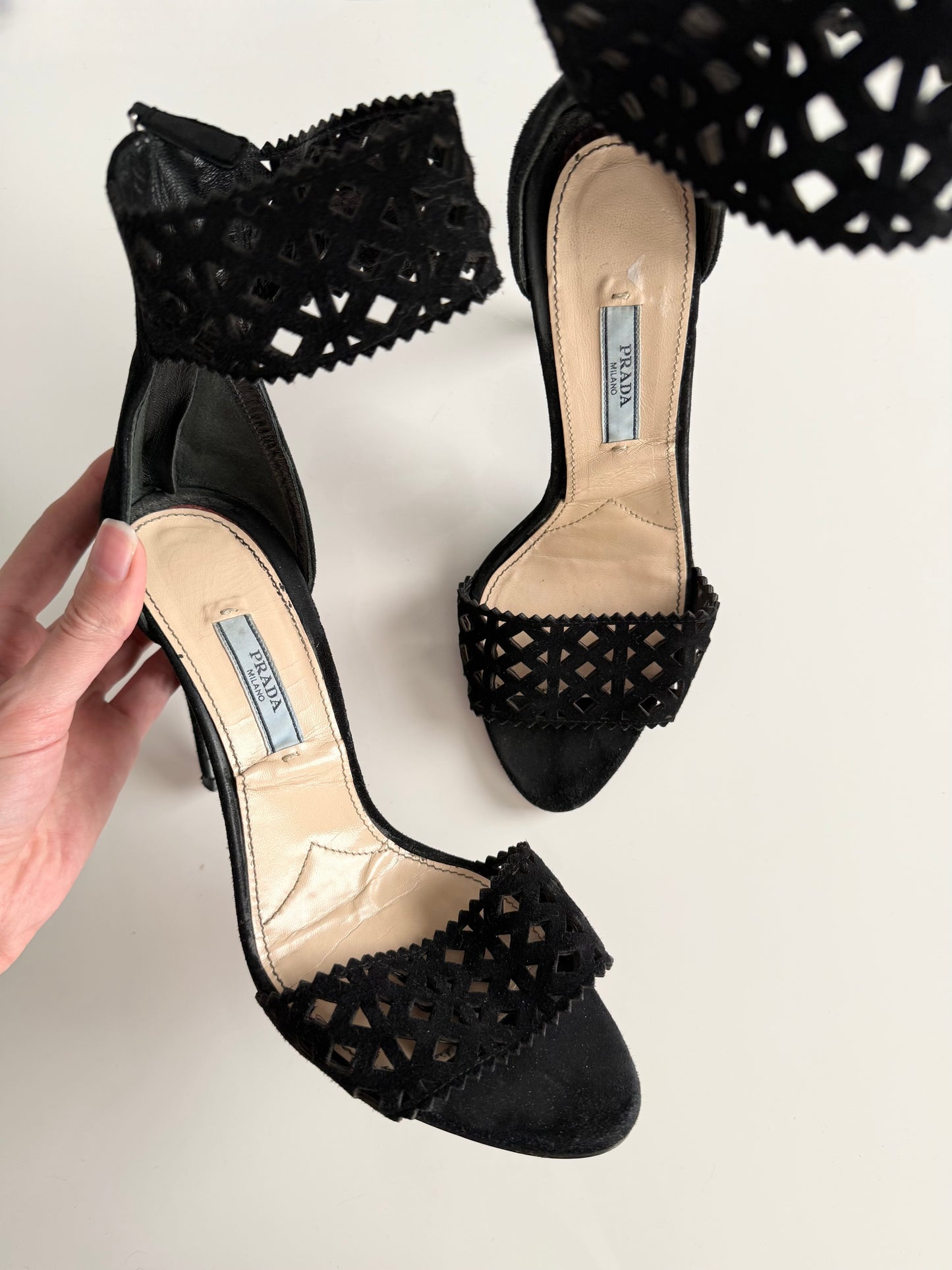 Vintage Prada black suede open toe heels