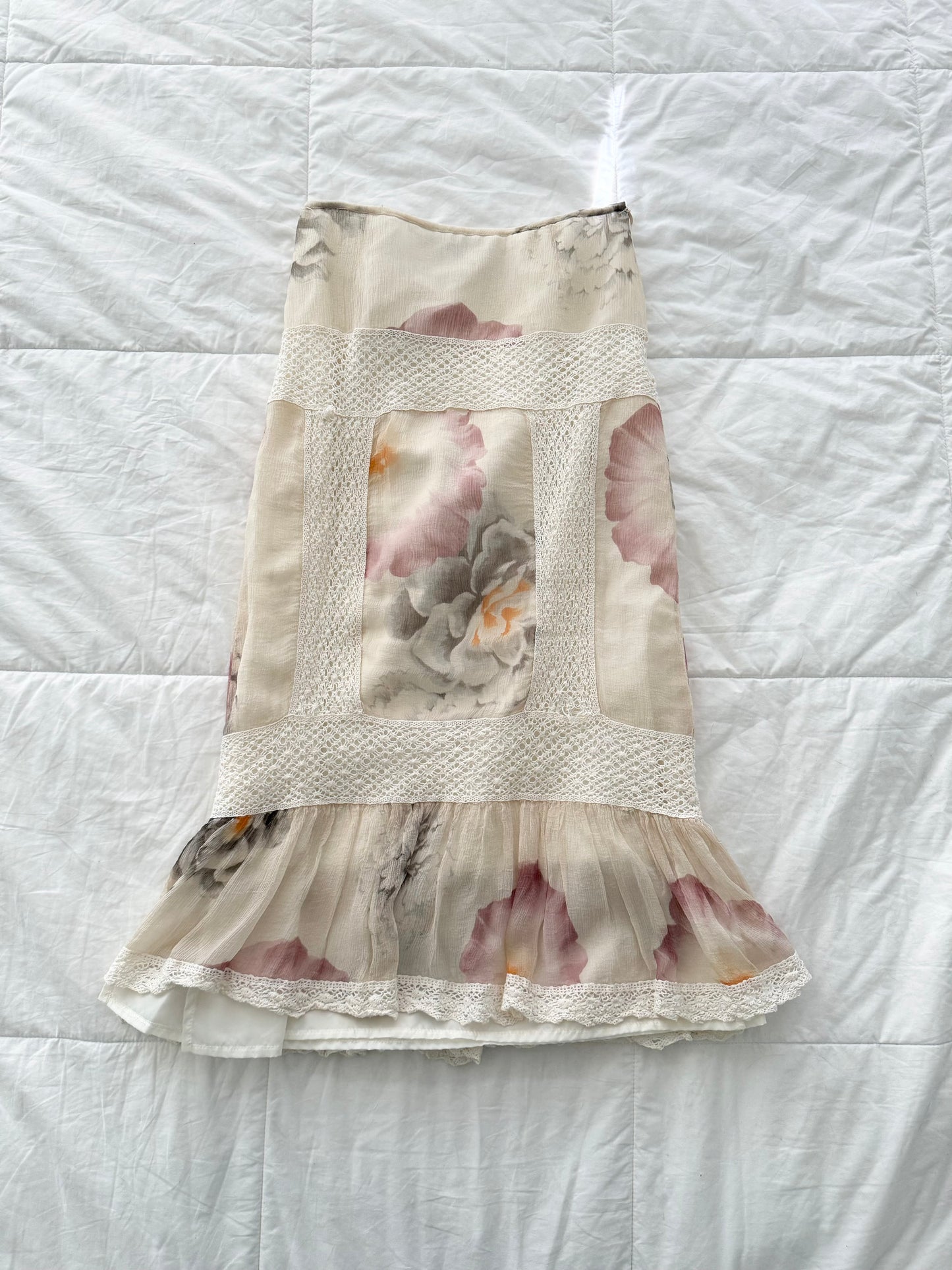 Susan small 100% silk crochet floral midi skirt.
