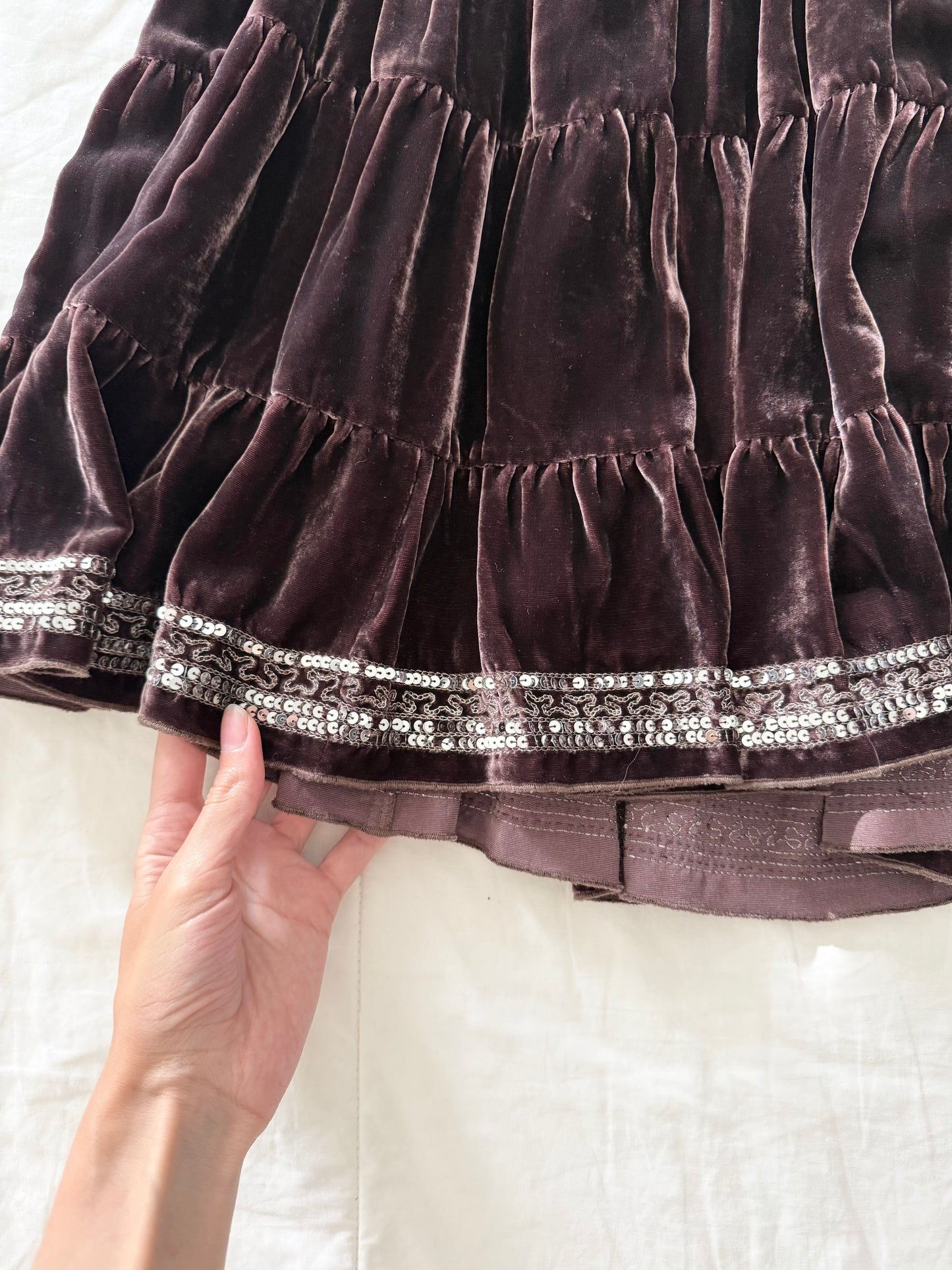 Whimsigoth Gracie velvet tiered silk sequin midi skirt
