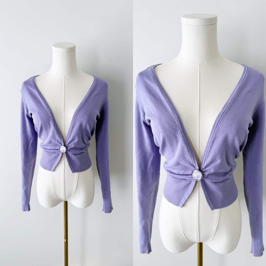 Moda international purple silk blend cropped cardigan.