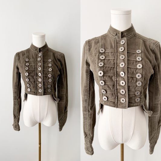 Olive Green Denim Napoleon Cropped Jacket