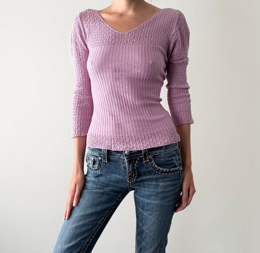 Vintage 100% silk knit lavender 3/4 sleeve top