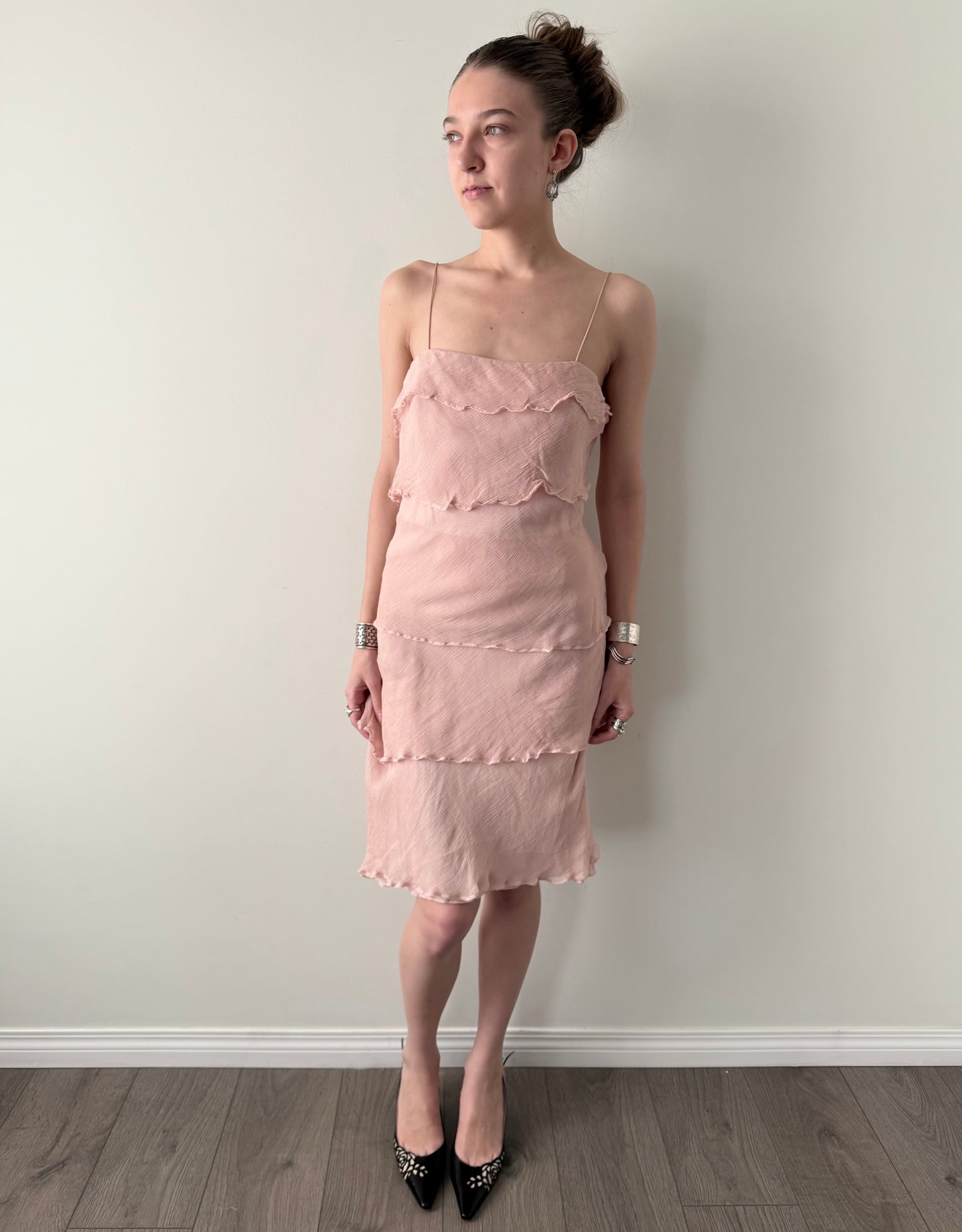 Vintage pink 100% silk tiered midi dress