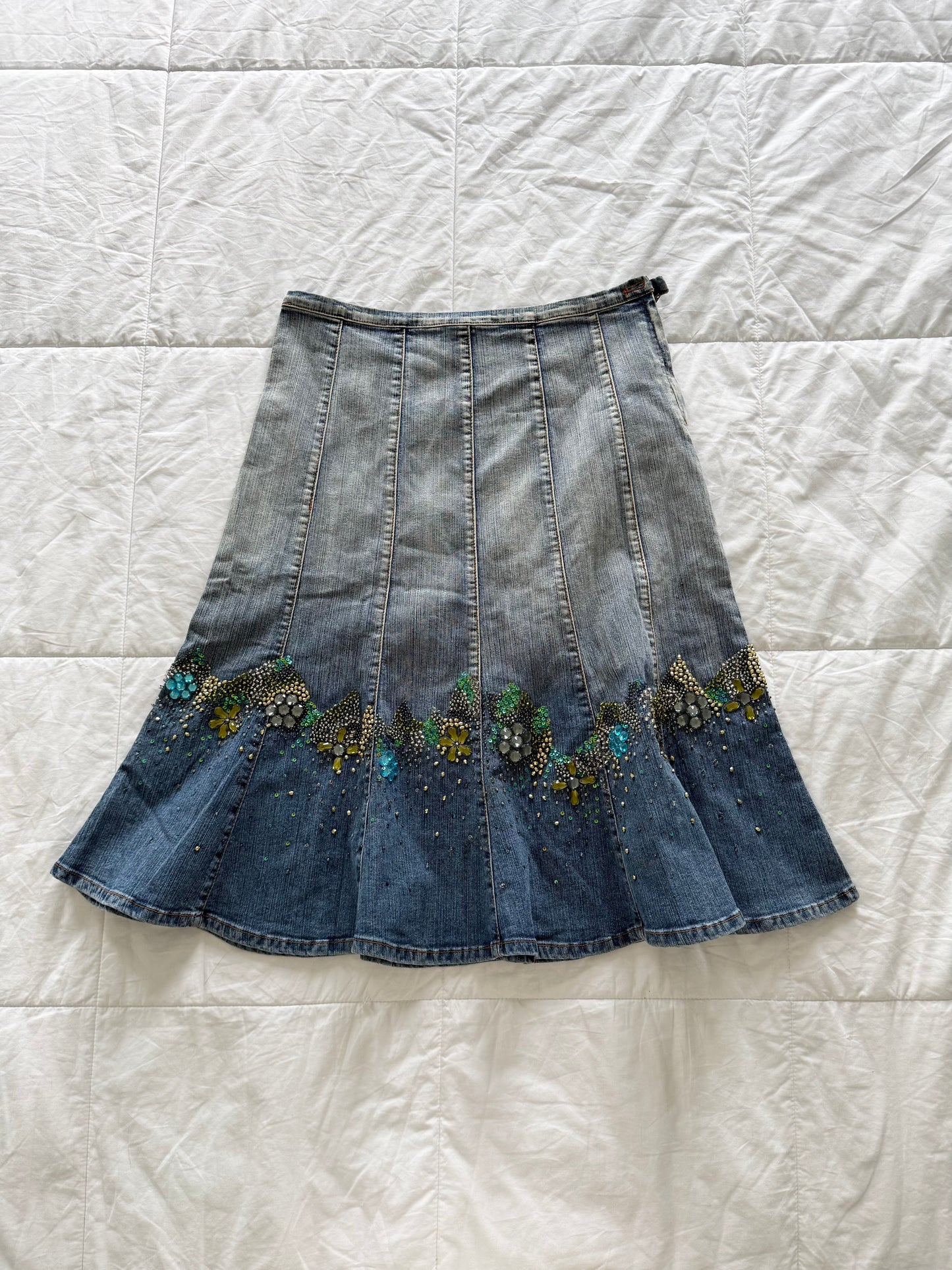 Persephone beaded denim midi skirt