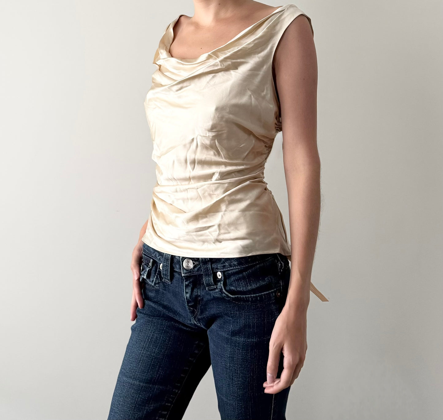 Reformation Champagne 100% Silk Cowl Neck Ruched Blouse