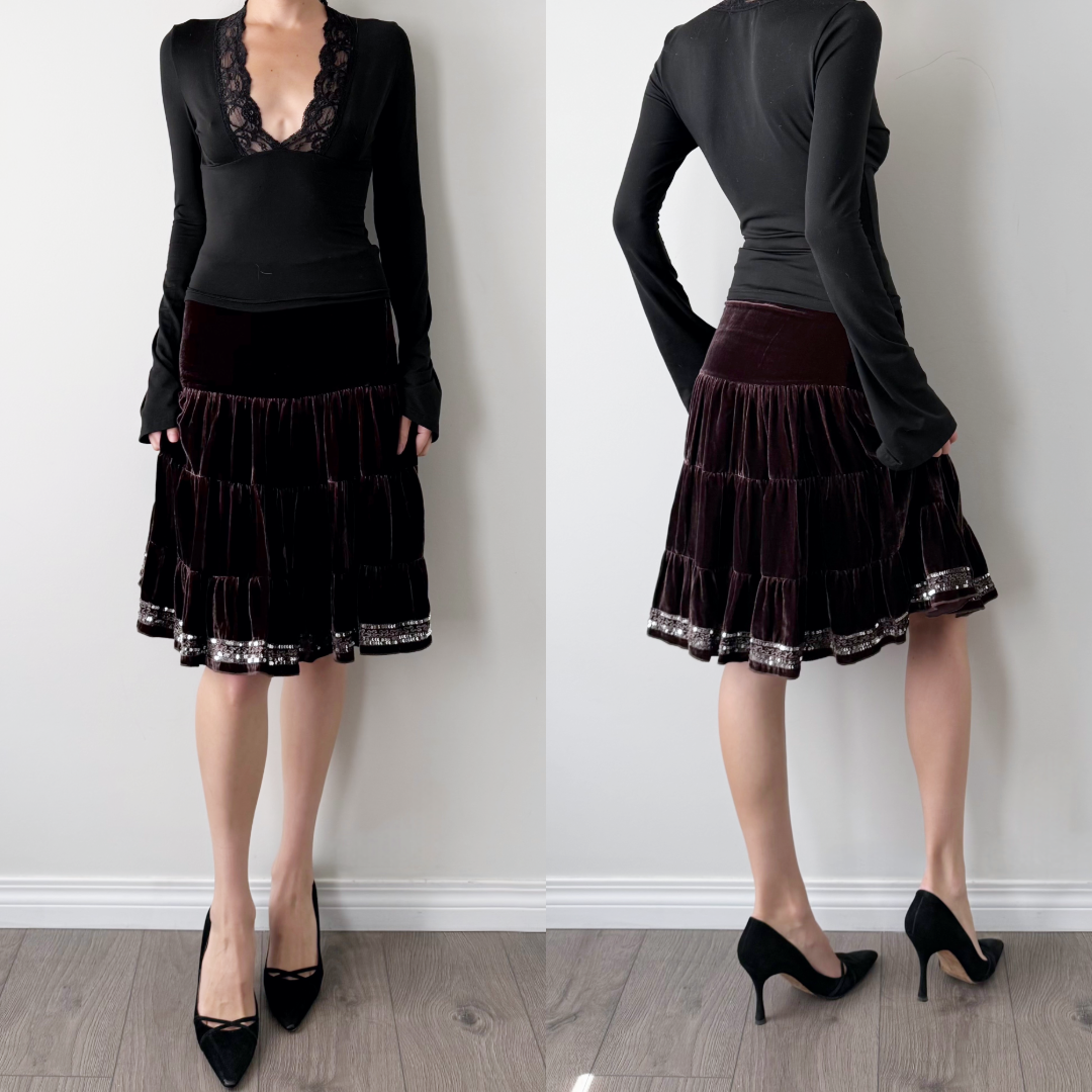 Whimsigoth Gracie velvet tiered silk sequin midi skirt