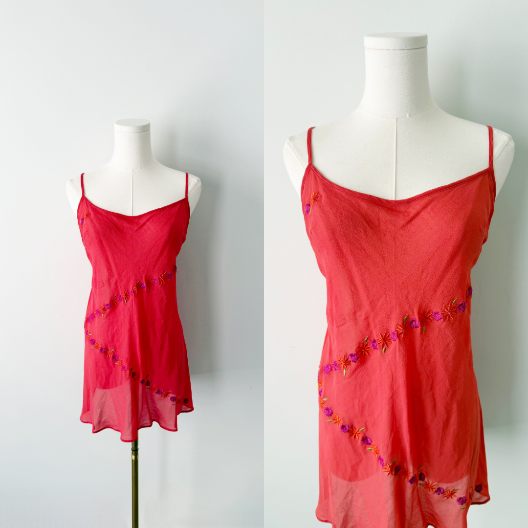 Victoria’s Secret red floral embroidery 100% silk slip dress