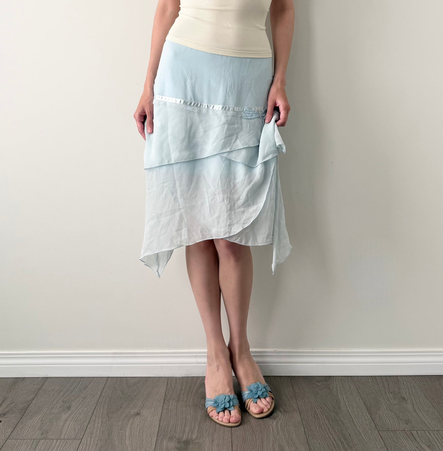 Kenzie 100% silk light blue asymmetrical skirt.