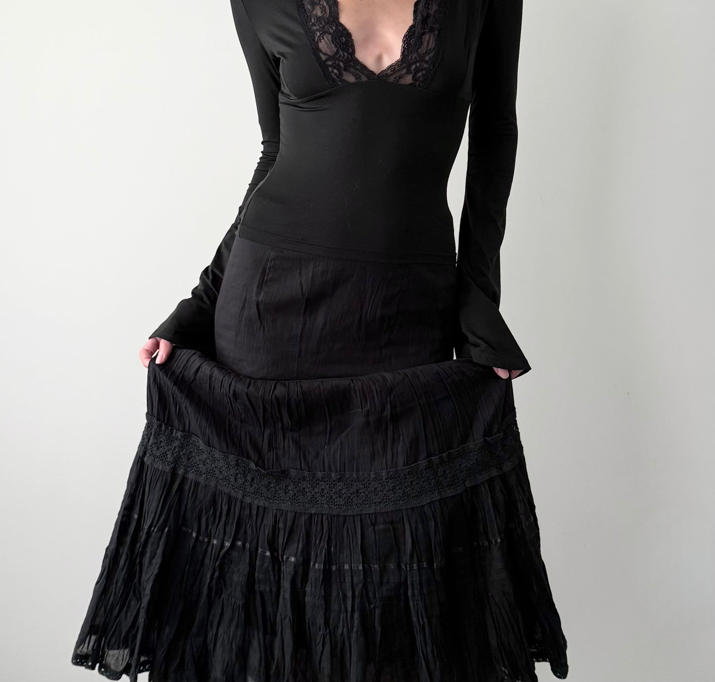 Vintage gothic black tiered 100% cotton maxi skirt