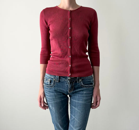 banana republic red 100% silk knit 3/4 sleeve cardigan