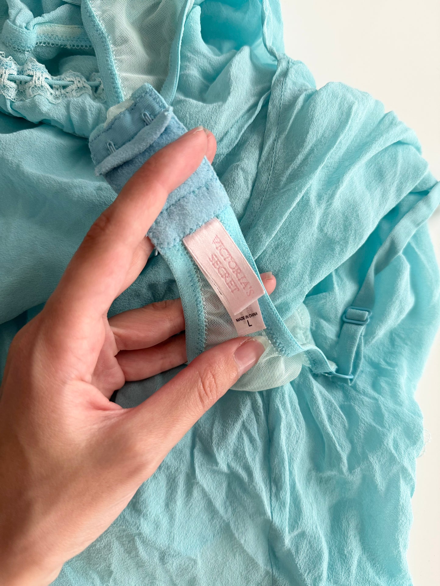 Victoria’s Secret 2002 100% silk blue mini slip dress.