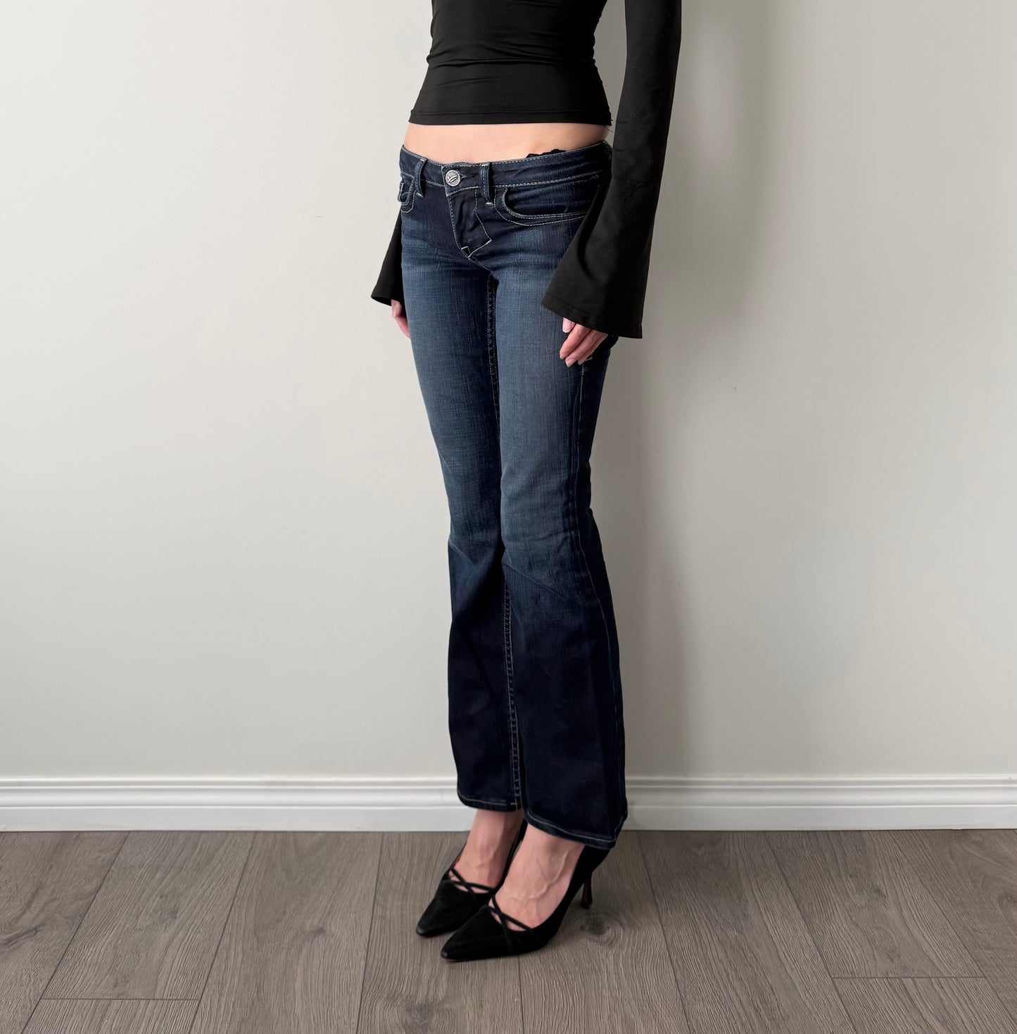 William rast dark wash low rise flared jeans