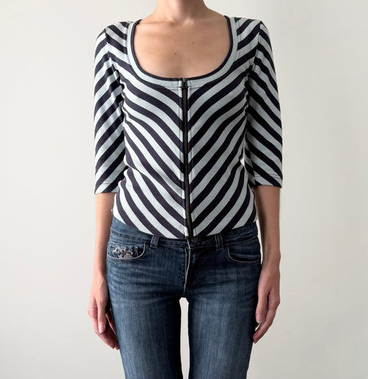 Maeve cotton blue striped 3/4 sleeve zip up top
