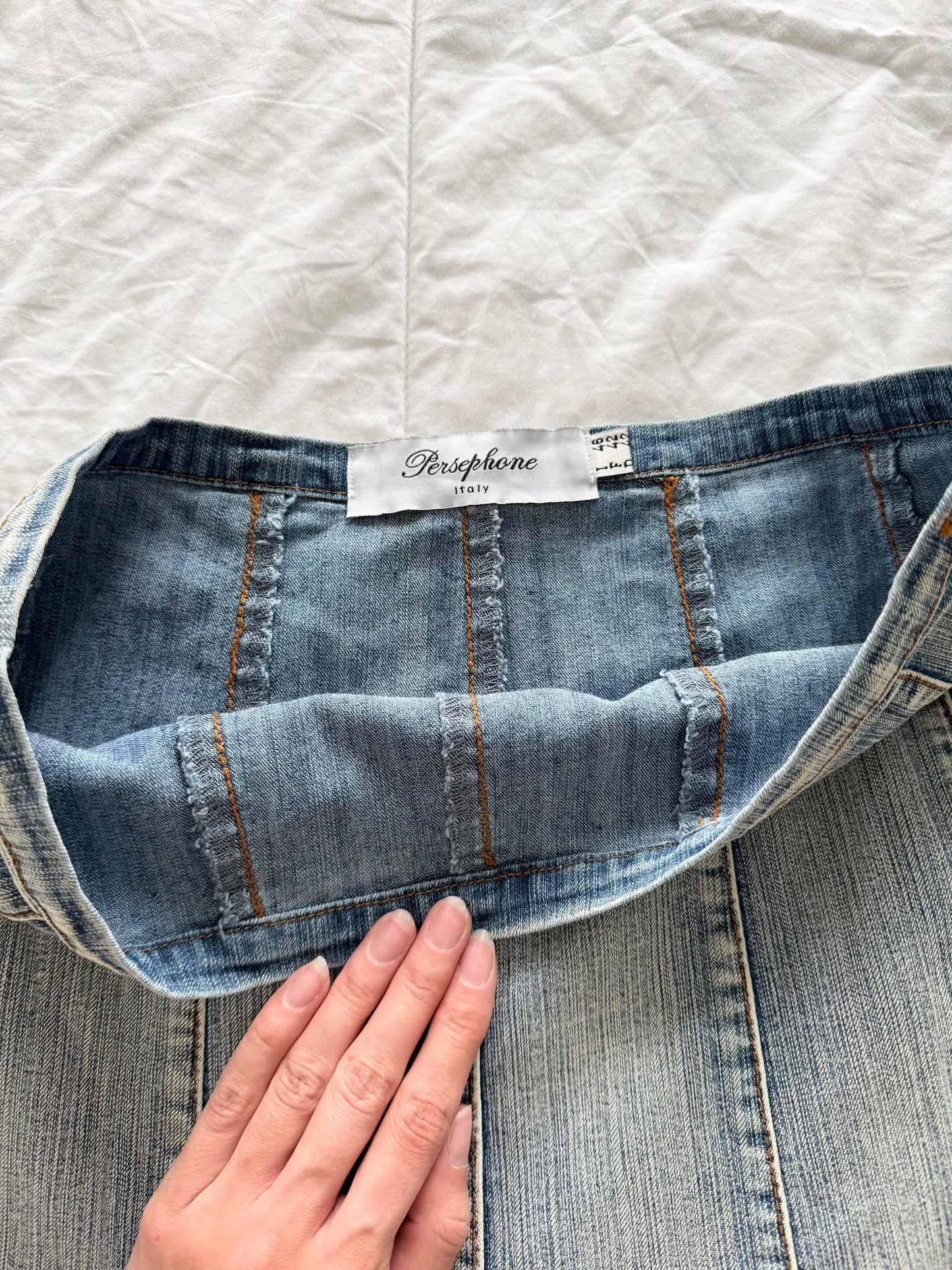 Persephone beaded denim midi skirt