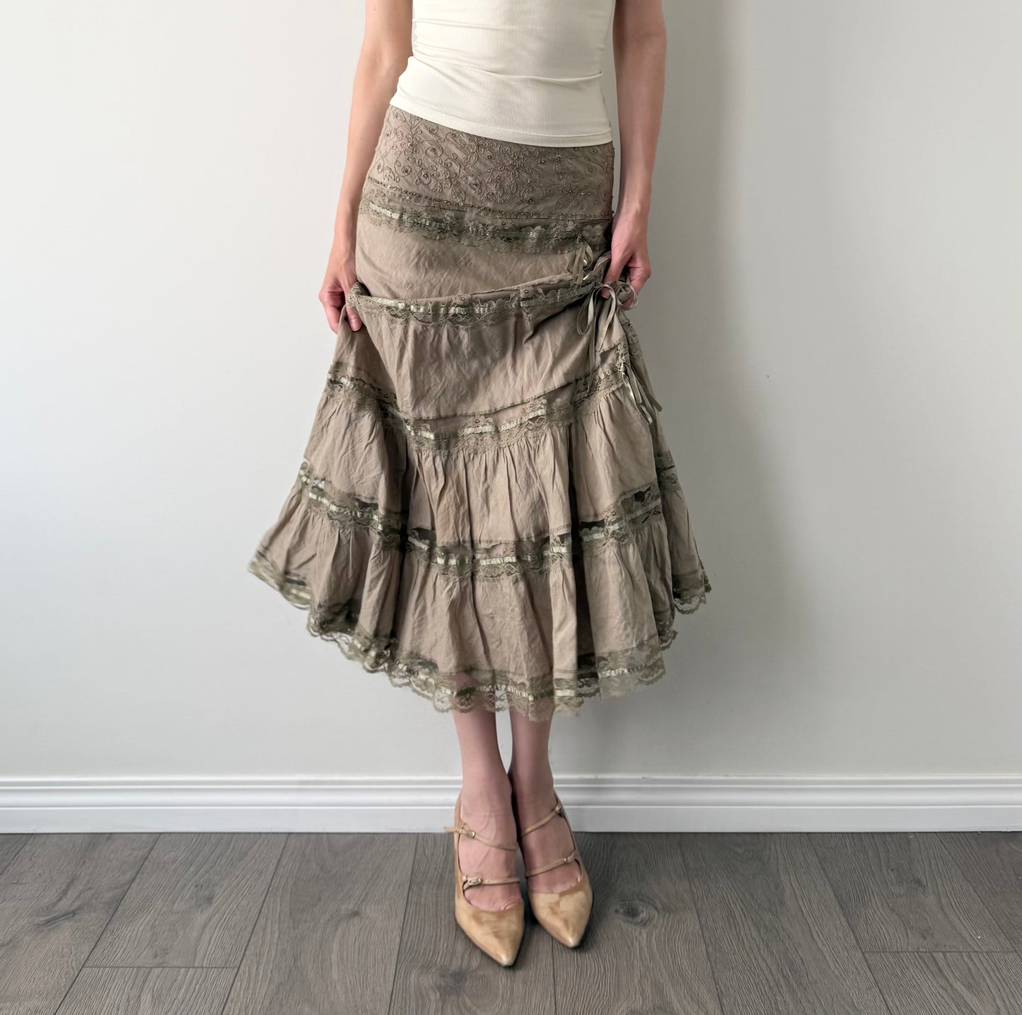 Vintage Oat sequin lace tiered maxi skirt