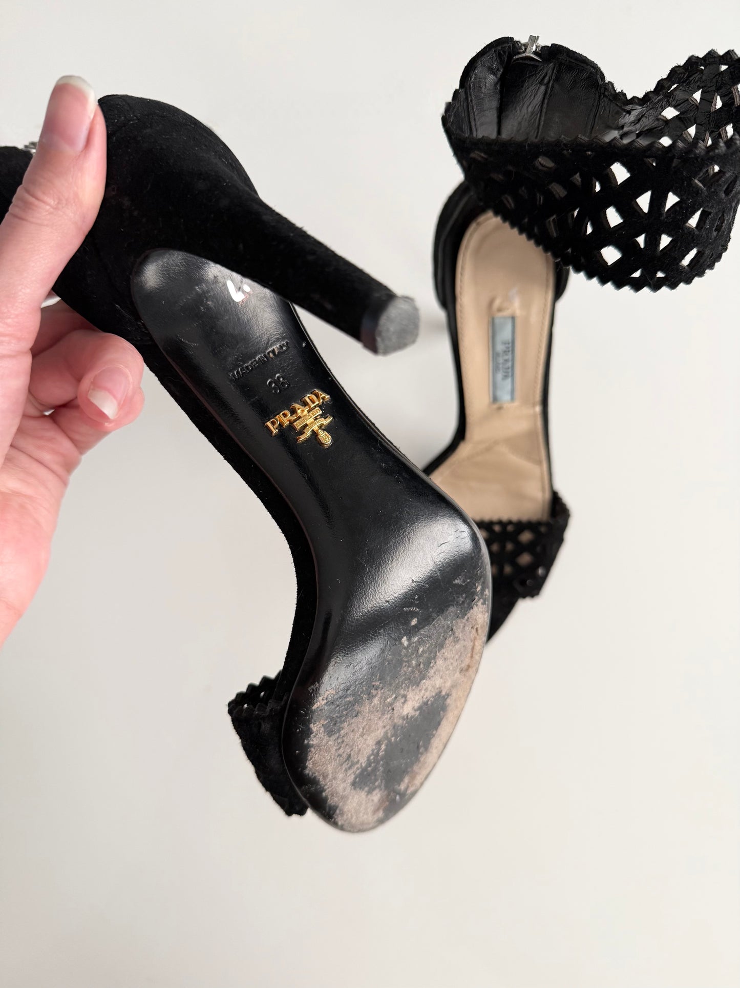 Vintage Prada black suede open toe heels